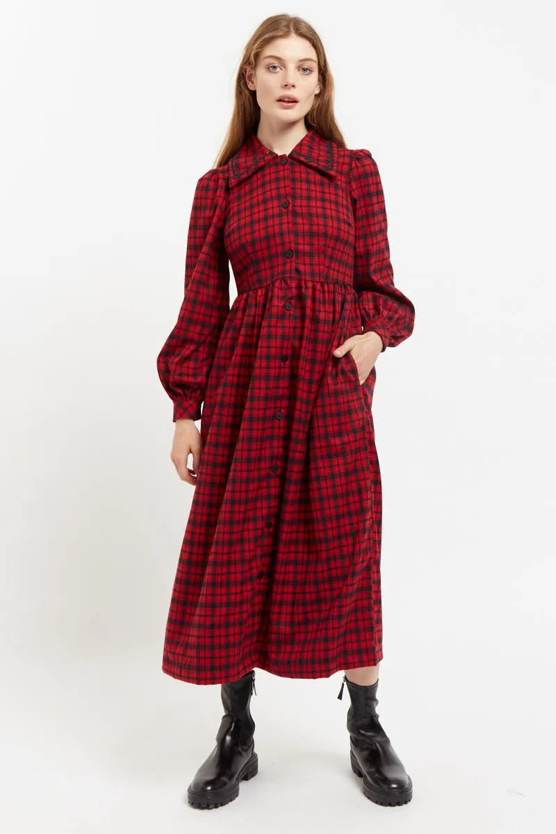 Louche Cailin Winter Gingham Midi Shirt Dress in Red and Black