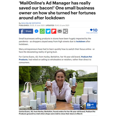 Screenshot from daily mail article of carina evans and Be:Loved luxury pet care products