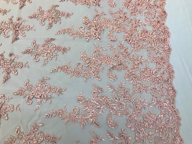 Sequins Corded Floral Lace Fabric -- Embroidery on a Mesh Lace Fabric By The Yard Pink