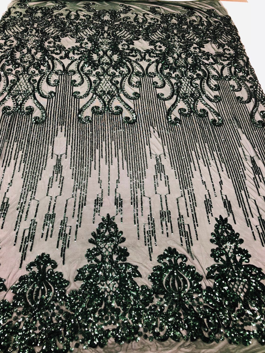 Shop Mesh Lace 4 Way Stretch Sequins Fabric ( HUNTER GREEN ) Embroidered On A Mesh Lace Fabric For Dress Top Fashion-Prom-Fabric-Lace-Gown By The Yard