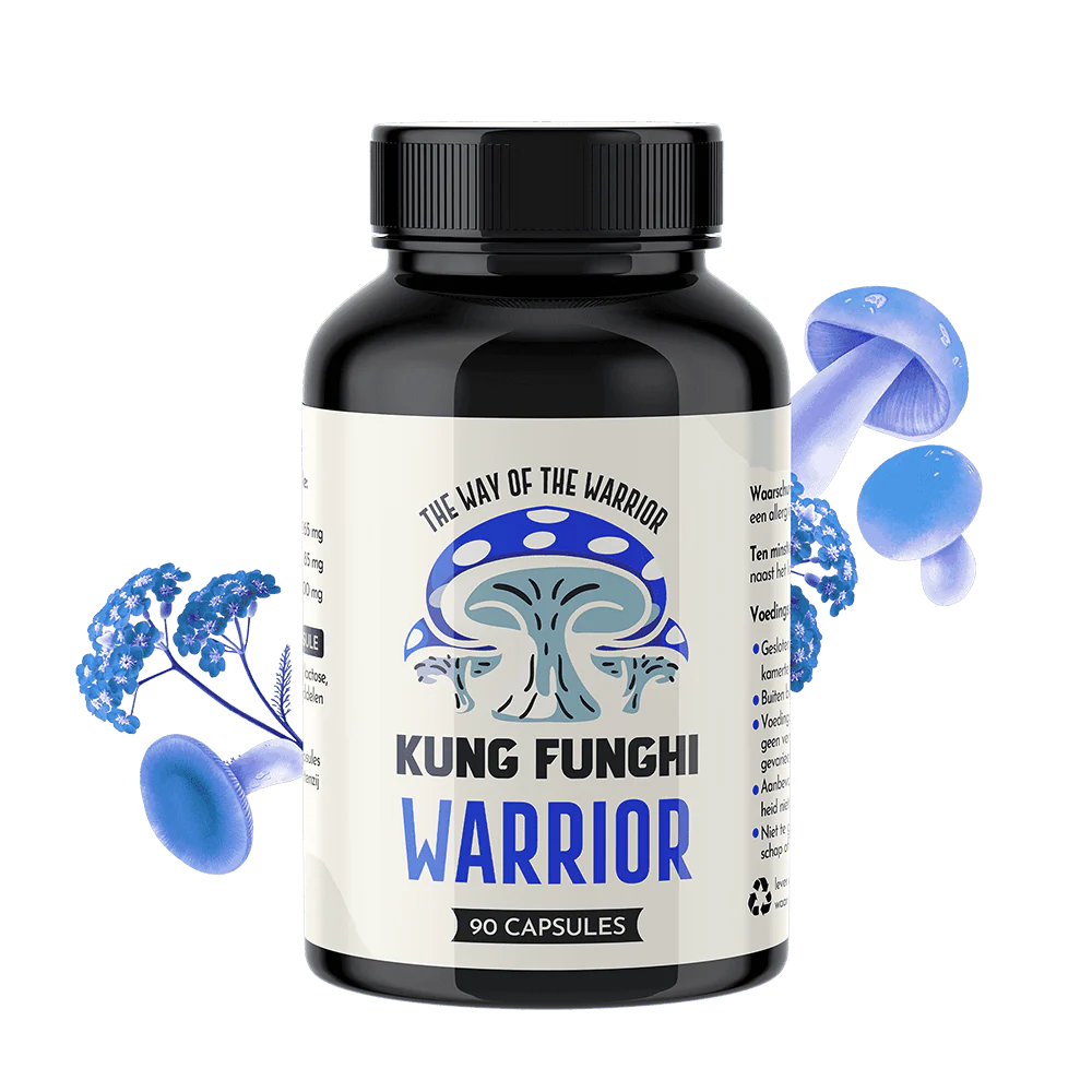 A bottle of 'Kung FungHi Warrior' supplements with mushroom imagery.