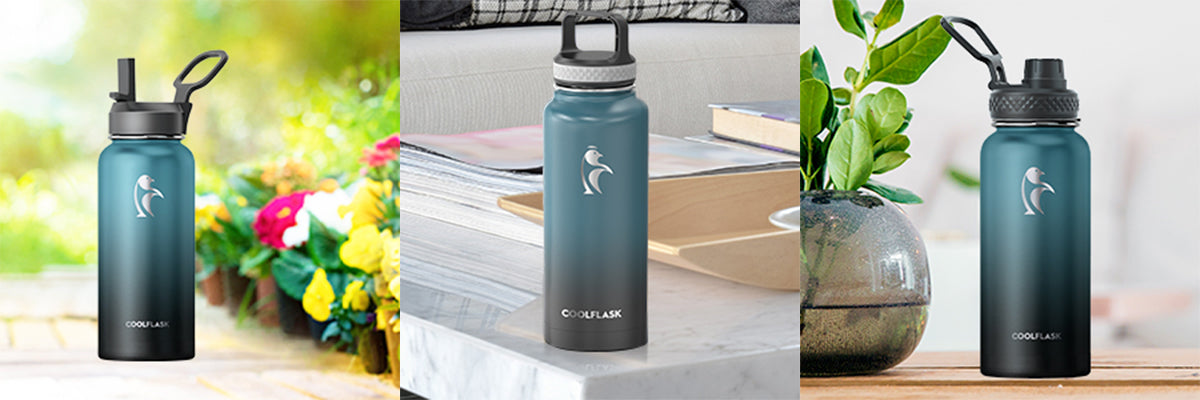 Water Bottle 40 oz Insulated with Straw&Brush, Coolflask Vaccum Stainless  Steel Metal 3 Lids Water Flask for Sports, Gym or Office, Keep Cold 48H Hot