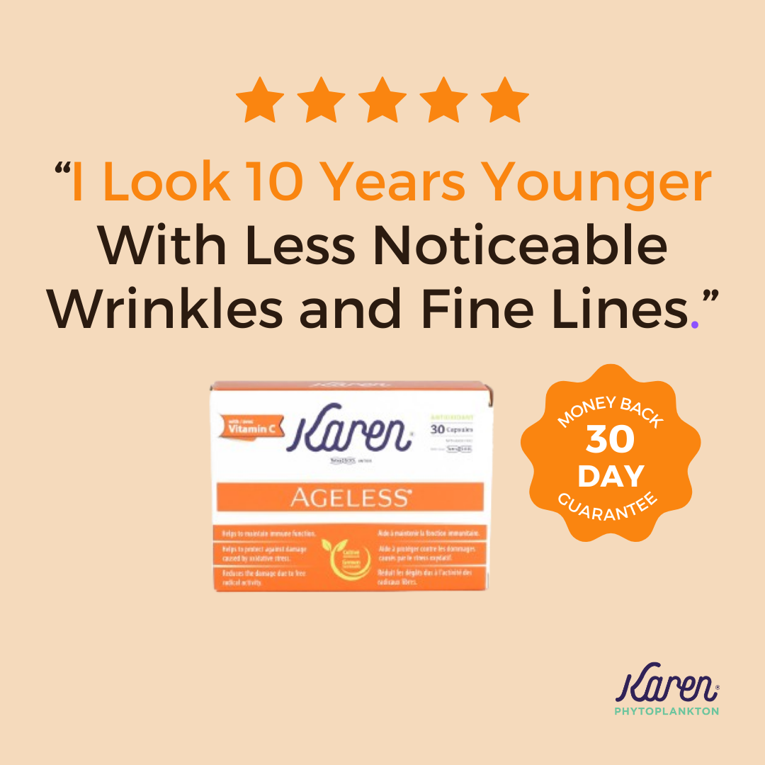 Ad for 'Karen Ageless' vitamin C supplement, claiming anti-aging benefits with a 30-day money-back guarantee.