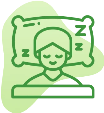 Stylized icon of a person sleeping comfortably with a pillow and blanket.