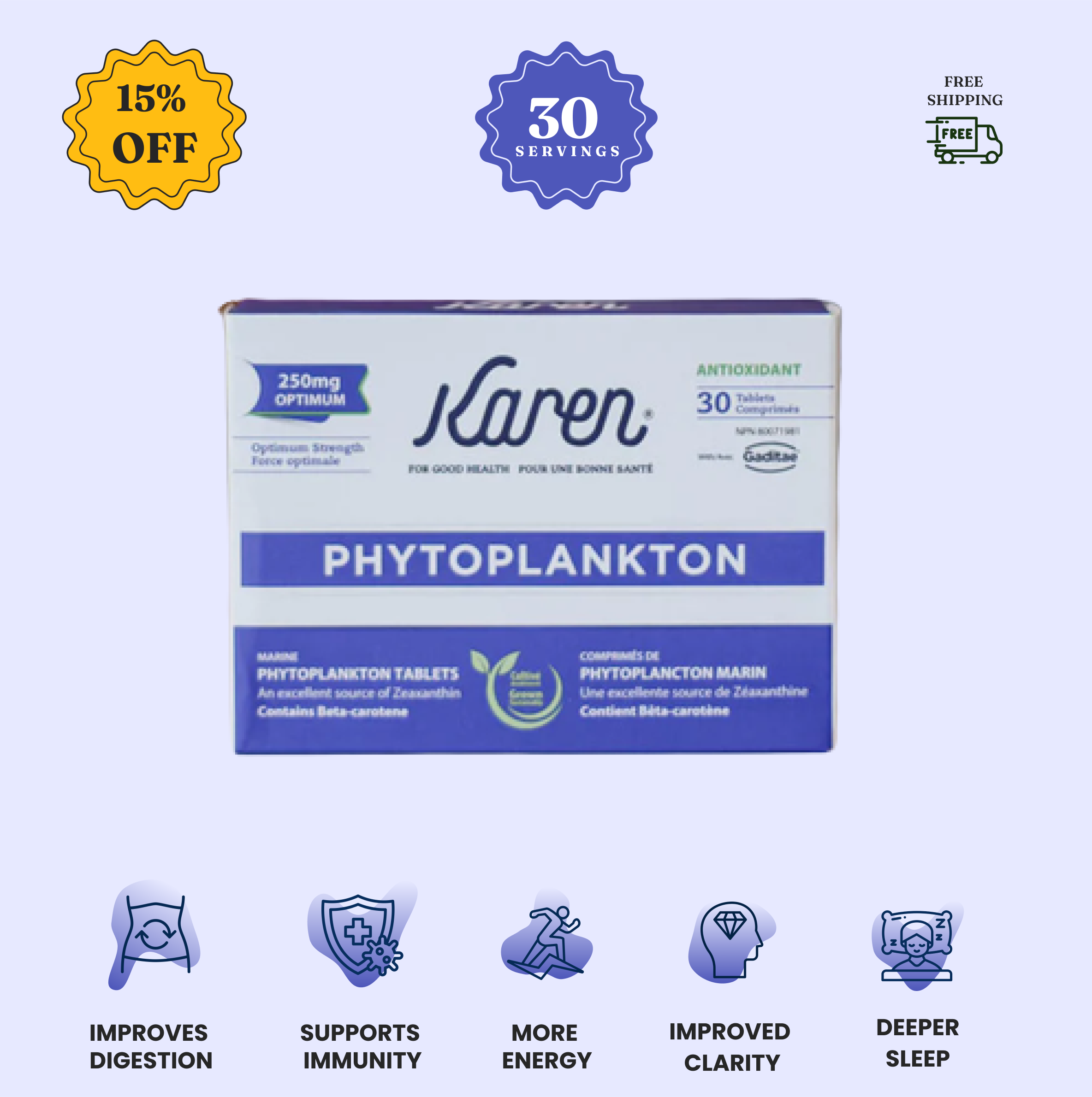 Box of Karen Phytoplankton tablets with health benefit icons and free shipping offer.
