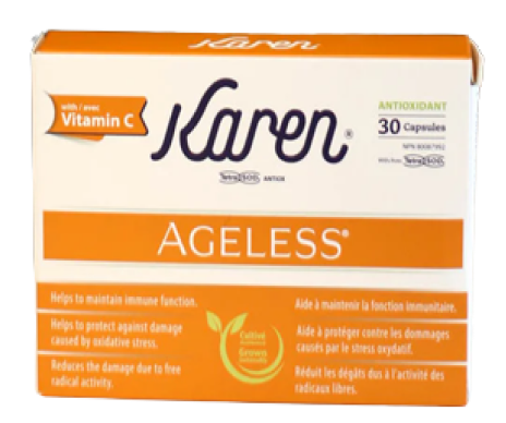 Box of Karen AGELess antioxidant capsules with Vitamin C, containing 30 capsules.