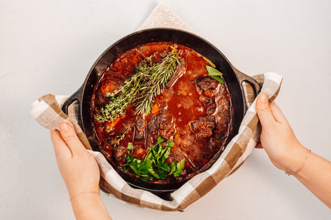 red-wine braised short ribs in pot