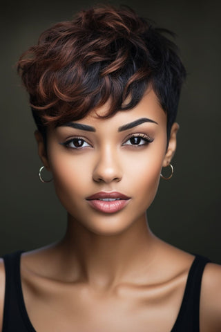 woman with brown skin and pixie cut
