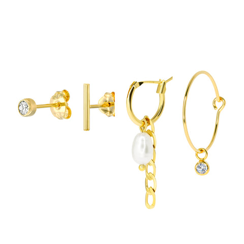 4 gold color earrings on a white background. CZ stud earring, bar stud earring, hoop with chain and pearl, hoop earring with CZ charm