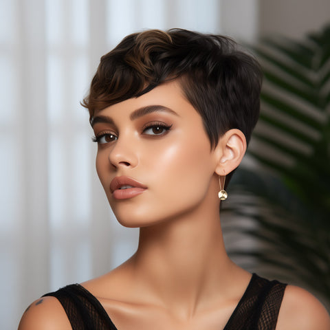 Image of a woman with short hair showcasing dangle gold textured disc earrings, adding a stylish touch to her appearance.