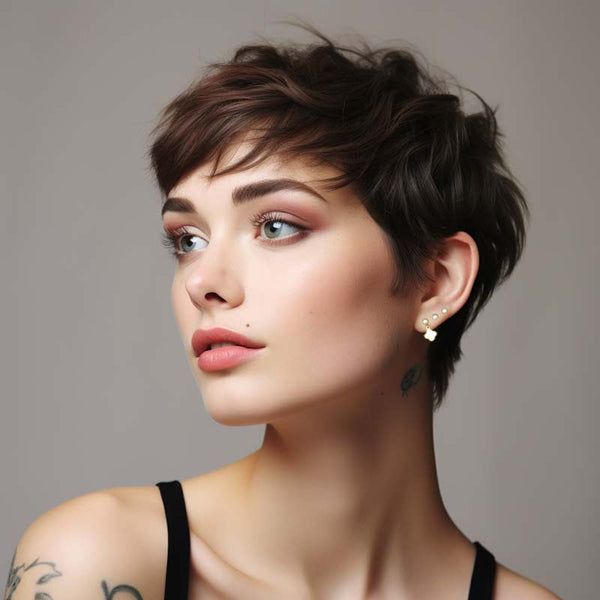 Image of a woman with short hair showcasing stud earrings, adding a stylish touch to her appearance.