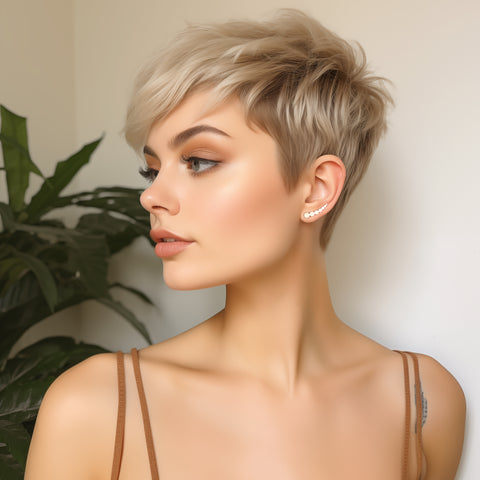 Image of a woman with short hair showcasing ear climber earrings, adding a stylish touch to her appearance.