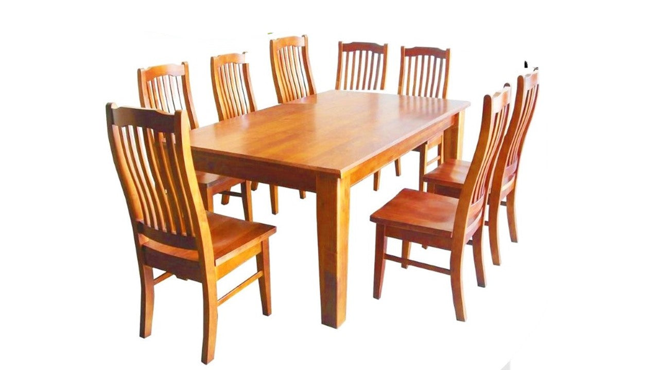 pine dining table and 8 chairs