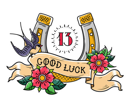 Good luck horseshoe with lucky number 13 in a traditional tattoo style logo