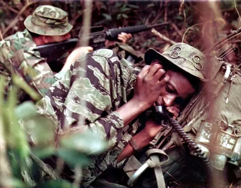 US military soldier calling in support during Vietnam era