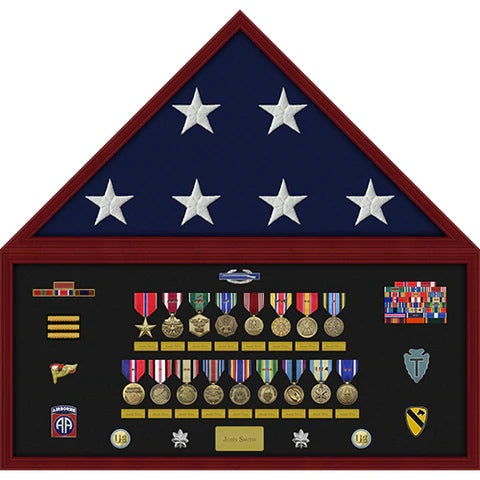 Black Felt Memorabilia Shadow Box with medals ribbons and a folded flag