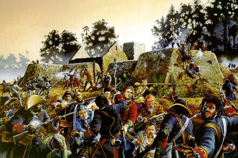 Painting of Capt. Francisco Menéndez and troops fighting in front of stone fort.