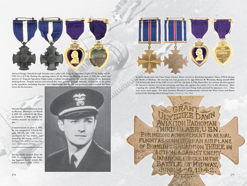 Book page with Purple Heart Medal and Air Force Cross Medal