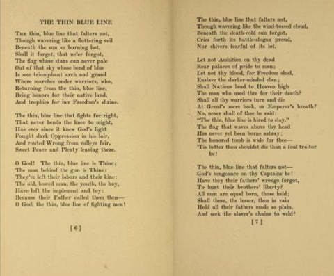 pages of a book with a poem about the thin blue line