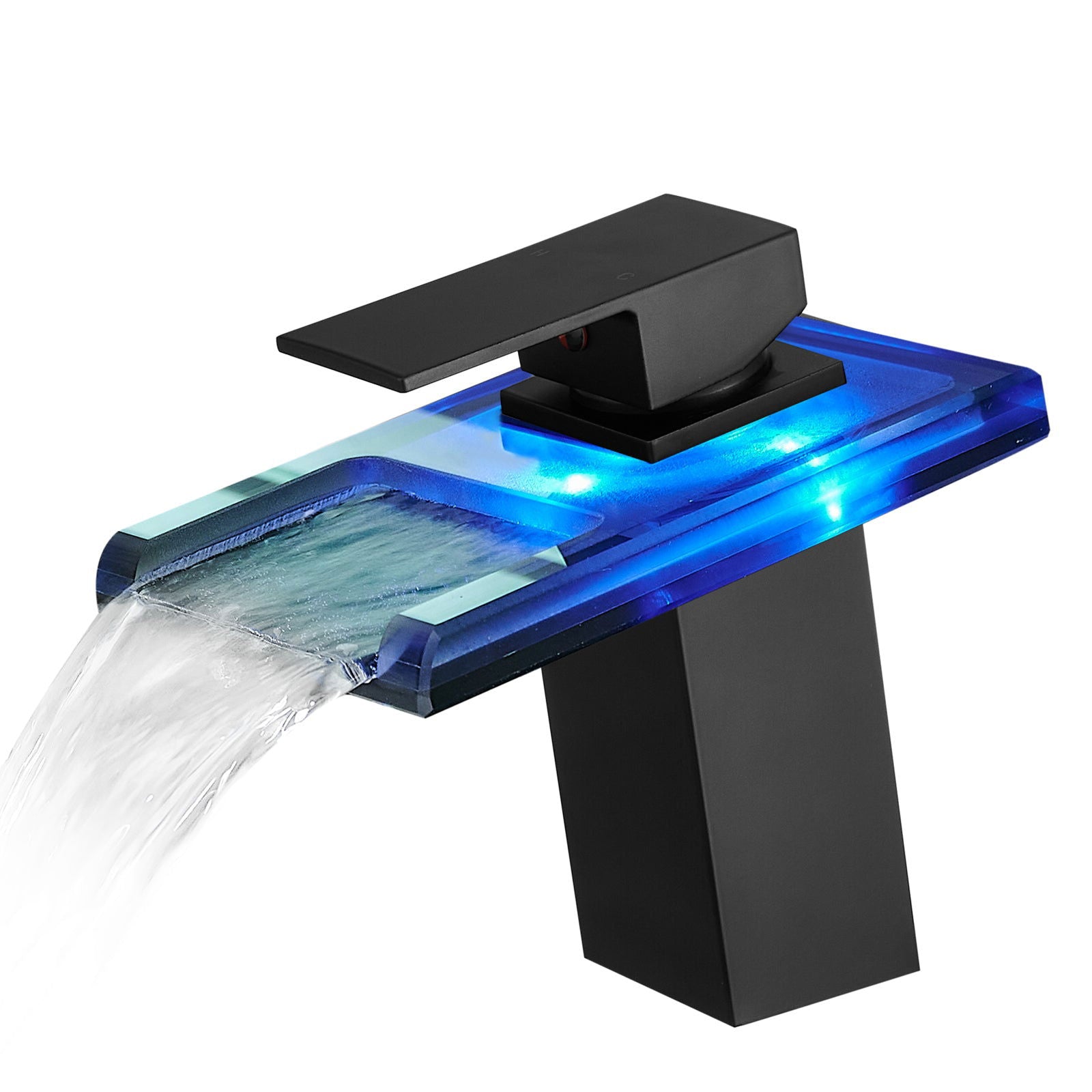 Bathroom Sink Faucet LED Light 3 Colors Changing Waterfall Glass Spout Hot Cold Water Mixer Single Handle One Hole Deck Mounted Bathroom
