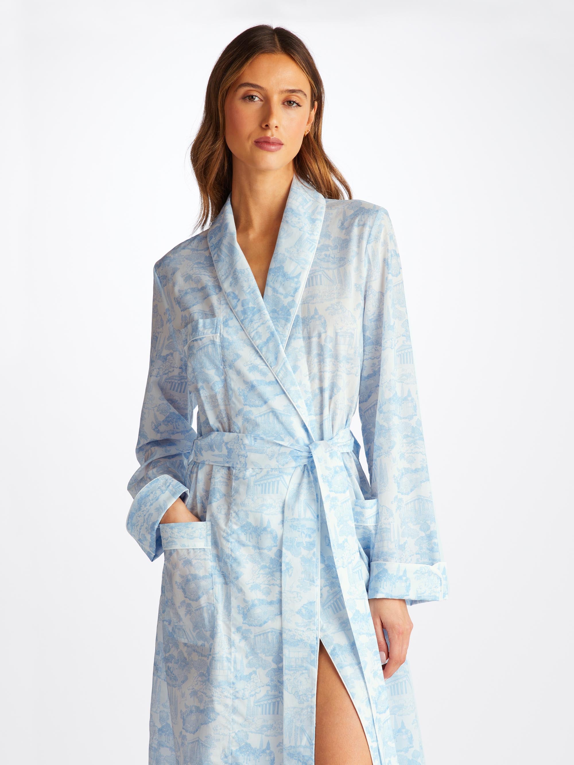 Derek Rose Women's Long Dressing Gown Ledbury 77 Cotton Batiste White In Blue