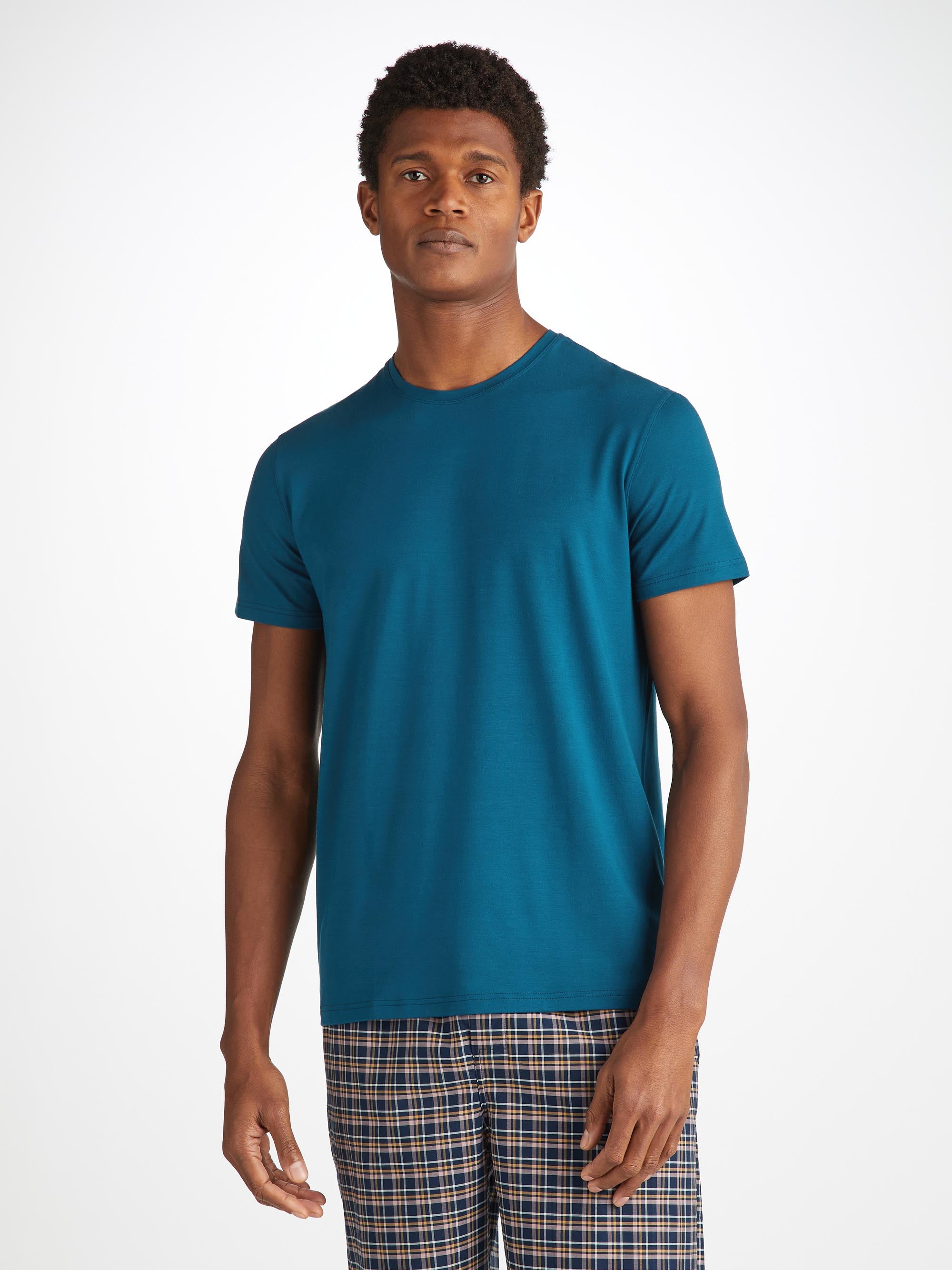 Shop Derek Rose Men's T-shirt Basel Micro Modal Stretch Poseidon Blue