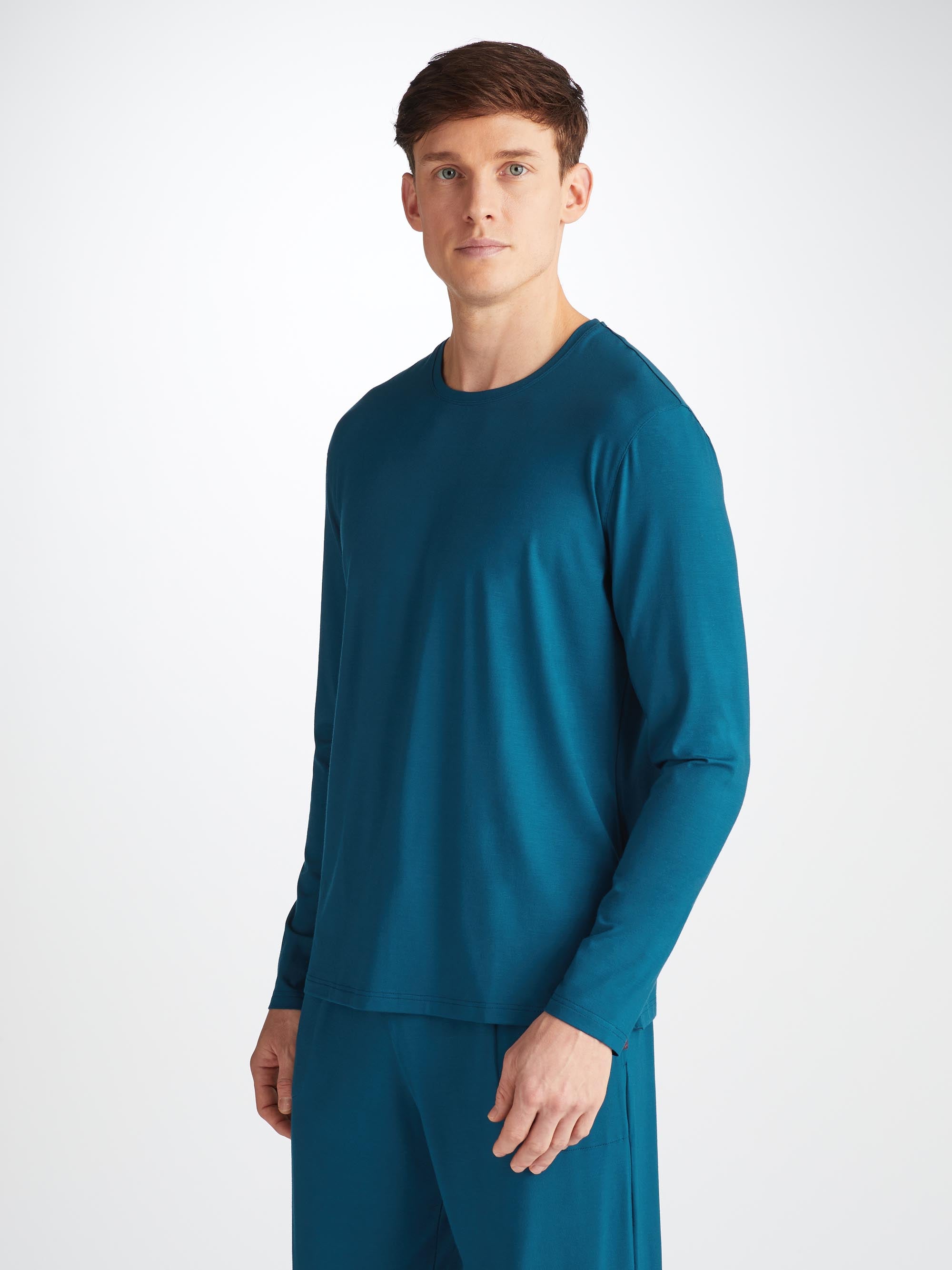 Shop Derek Rose Men's Long Sleeve T-shirt Basel Micro Modal Stretch Poseidon Blue