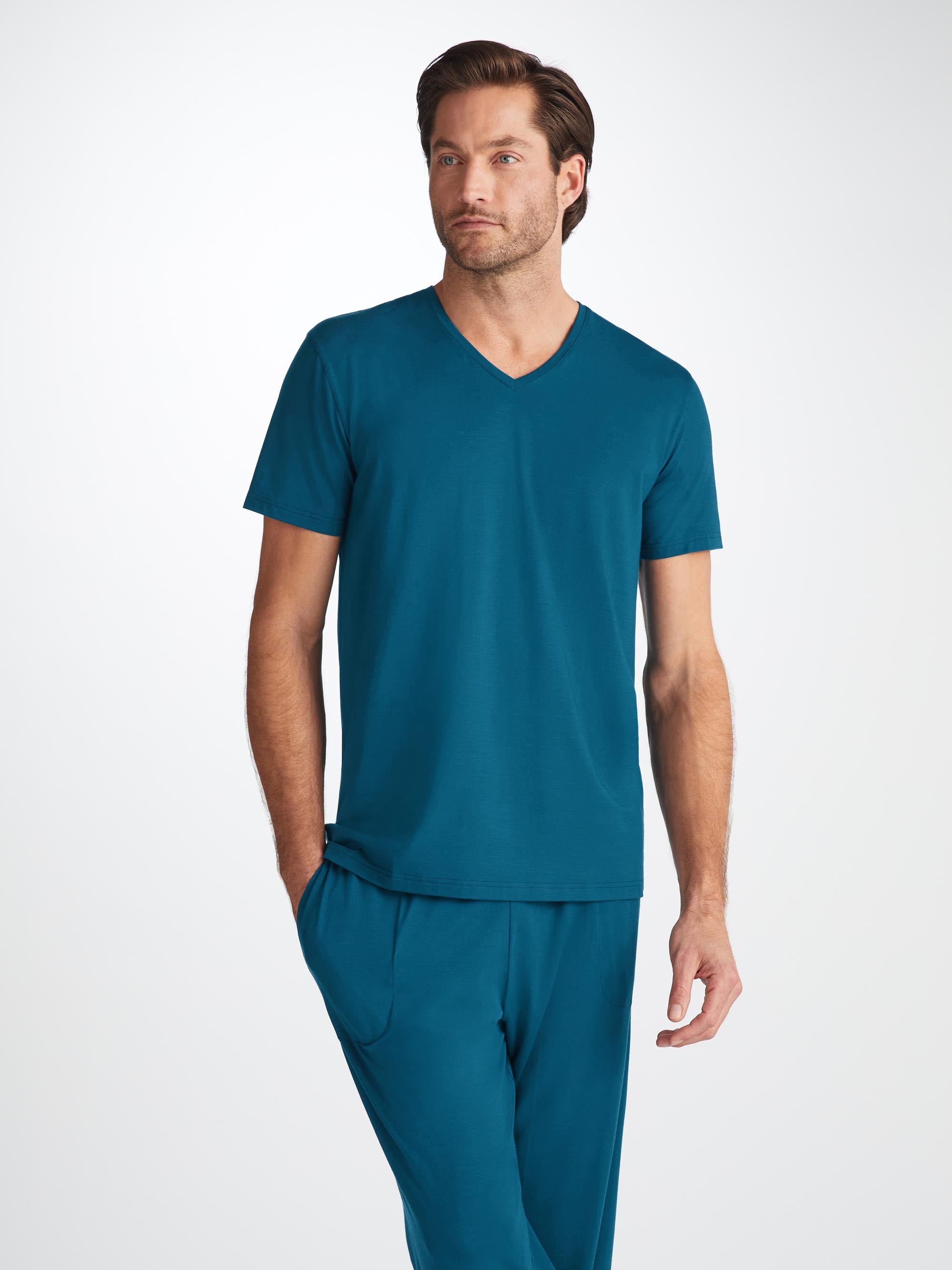 Shop Derek Rose Men's V-neck T-shirt Basel Micro Modal Stretch Poseidon Blue