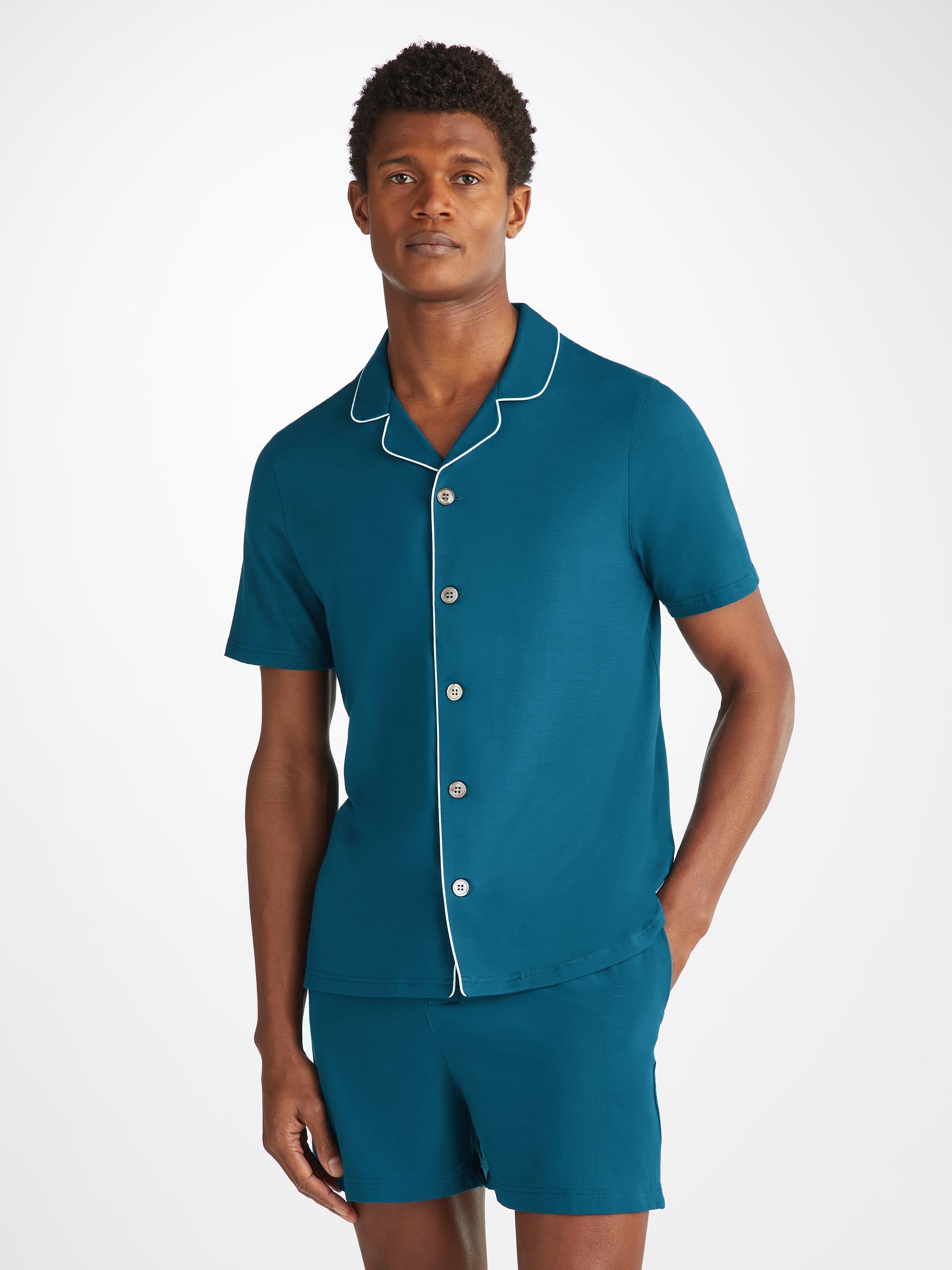 Shop Derek Rose Men's Short Pyjamas Basel Micro Modal Stretch Poseidon Blue