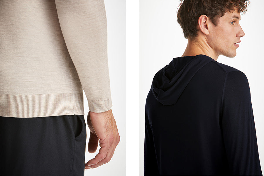 Detail shots of merino wool sweatshirts.
