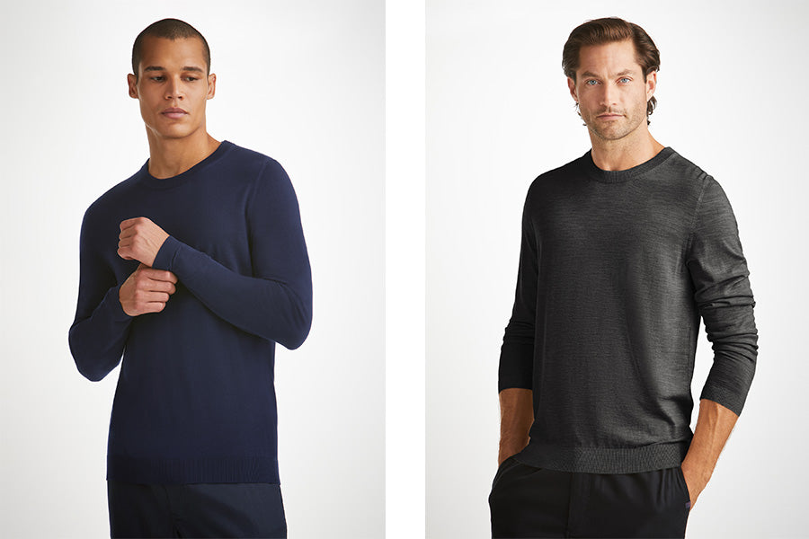 Two men in merino wool sweatshirts.