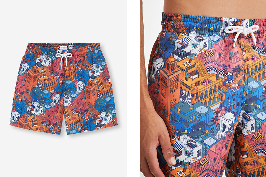 Swim shorts with a colourful rooftop print.