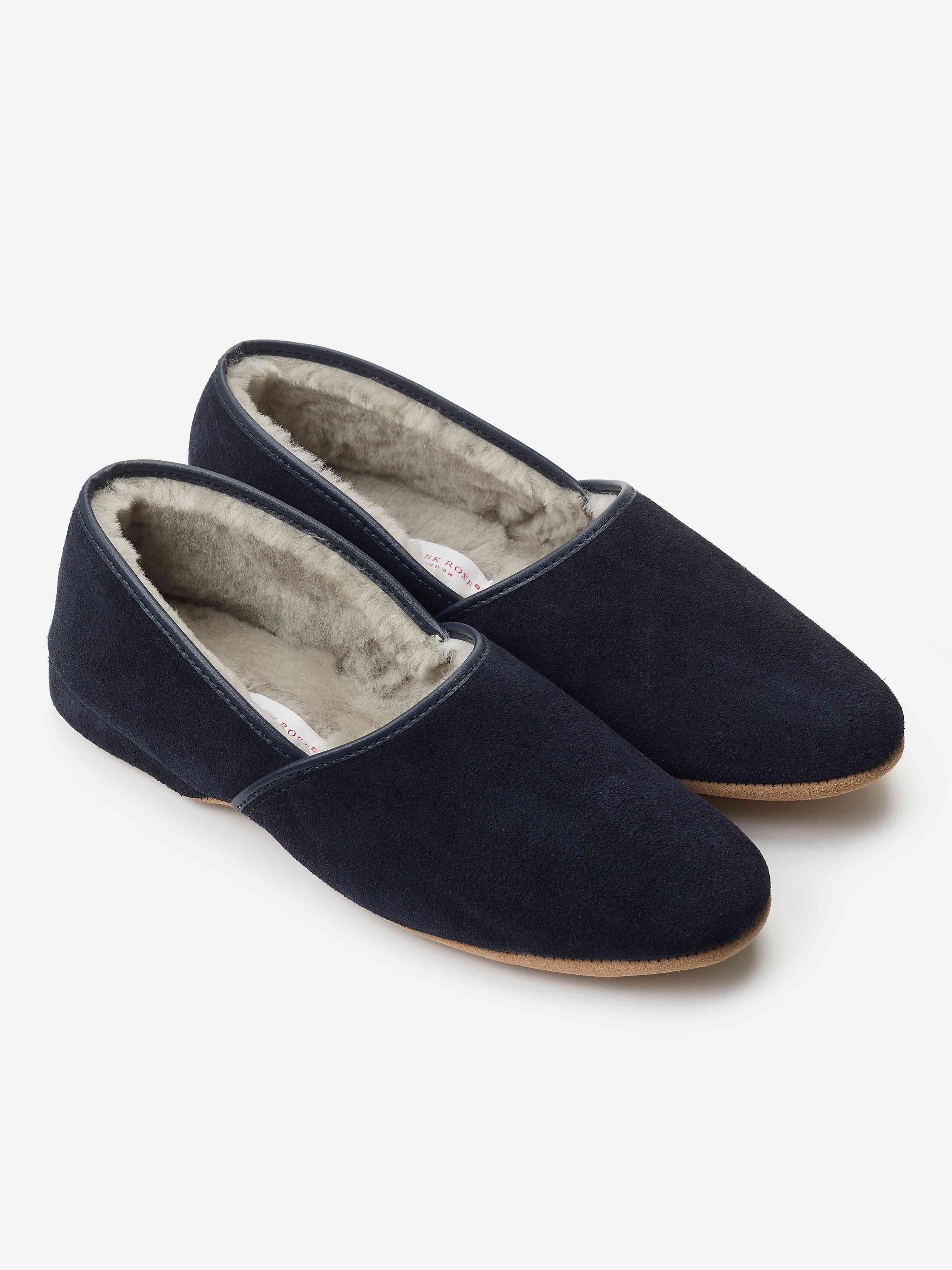 Derek Rose Men's Slippers Crawford Suede Sheepskin Navy