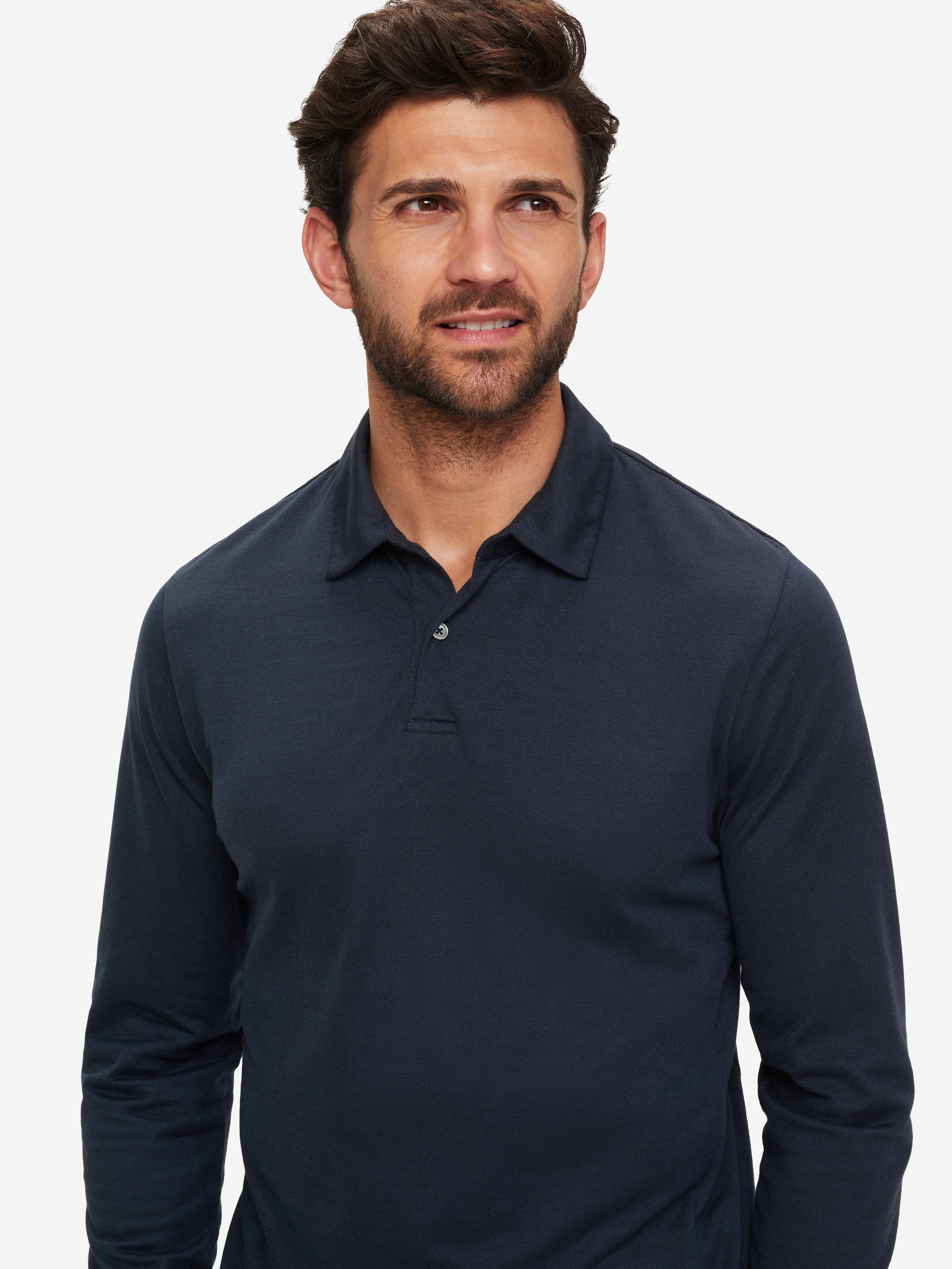 Derek Rose Men's Long Sleeve Polo Shirt Ramsay Pique Cotton Tencel Navy