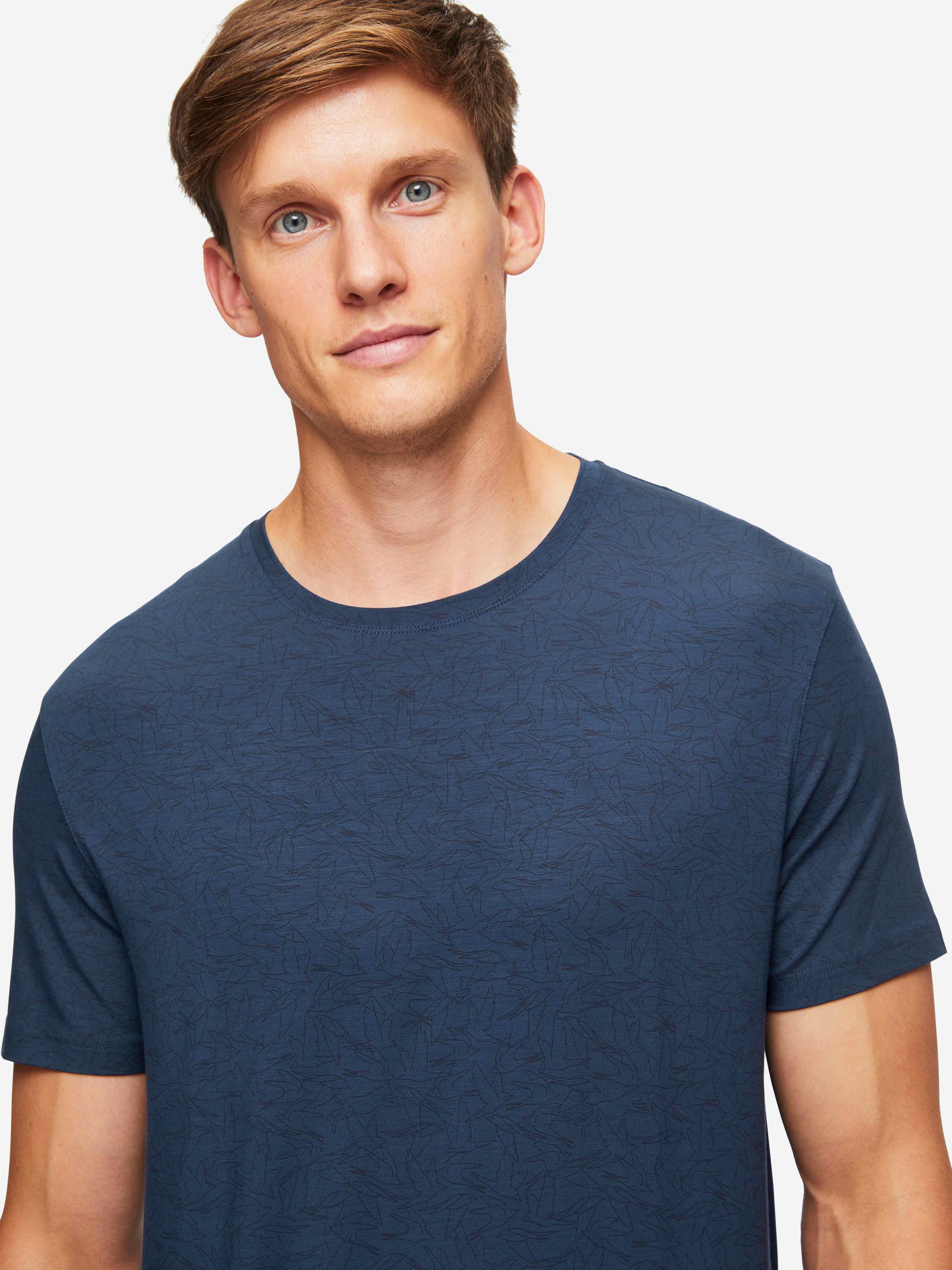 Derek Rose Men's T-Shirt London 9 Bird Print Micro Modal Navy