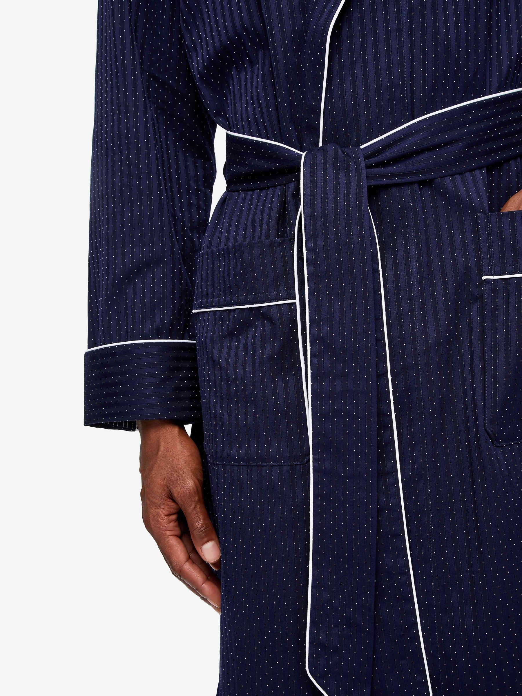 Besmettelijk Onmogelijk Idool Mens Dressing Gown Royal 40 Cotton Stripe Navy | Derek Rose | Derek Rose