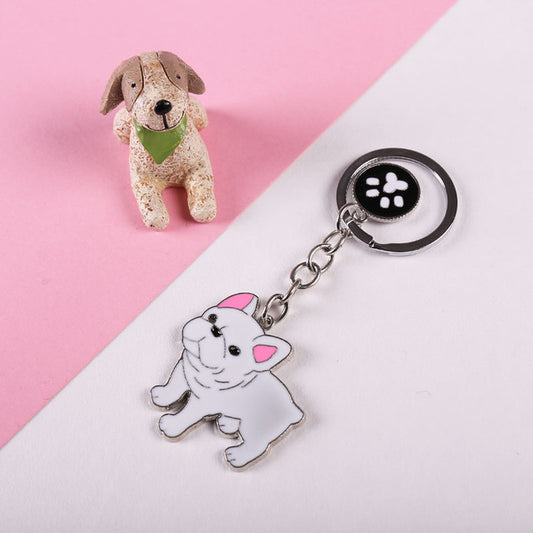 Fluffy Fur Ball French Bulldog Pompom Key Chain Leather Dog