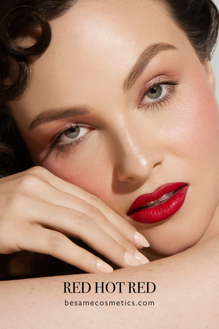 Young woman wearing red lipstick