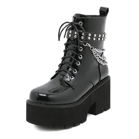 Women's Patent Leather Ankle Boots - Motorcycle Style Shoes.