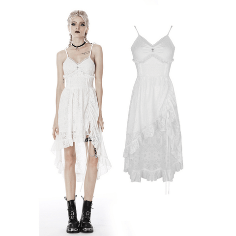 Gothic White Midi Dress with Lace Detail for Women.