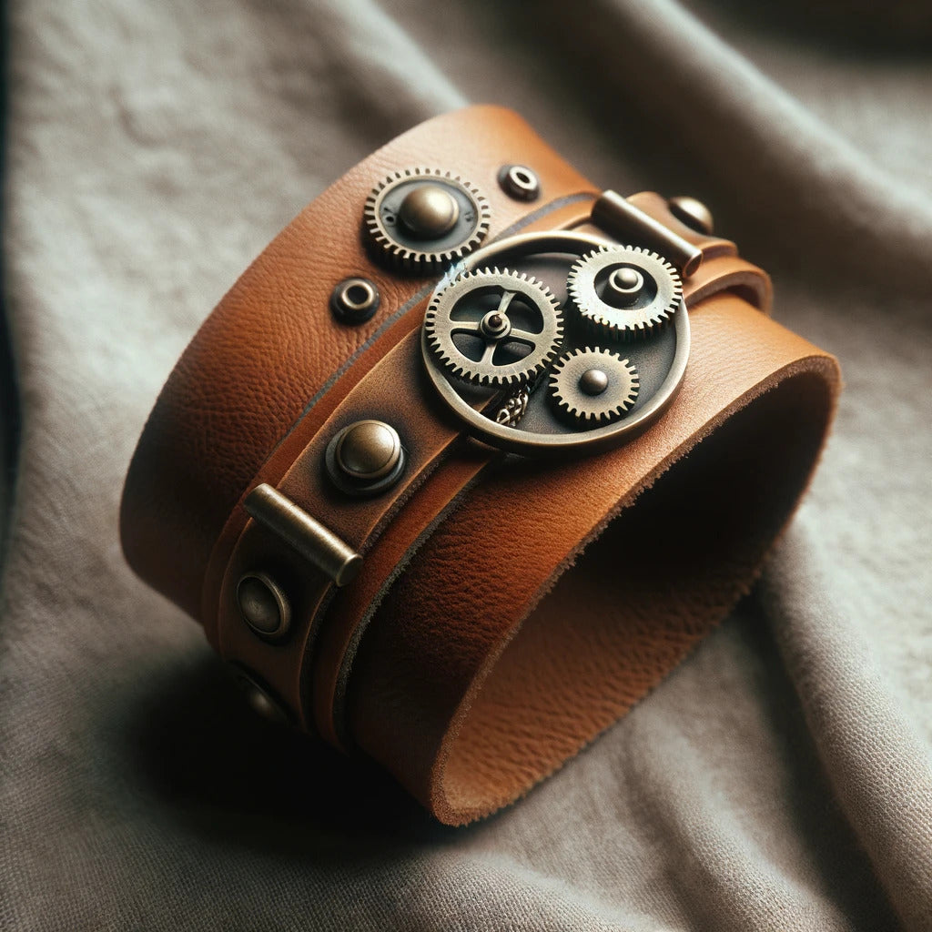 Gear-Embellished Leather Cuffs