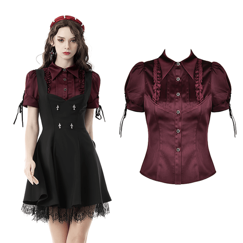 Wine Red Gothic Top with Victorian-Inspired Puff Sleeves.