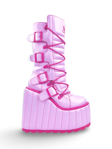 Stylish Pink Goth Platform Boots with Enamel Details.