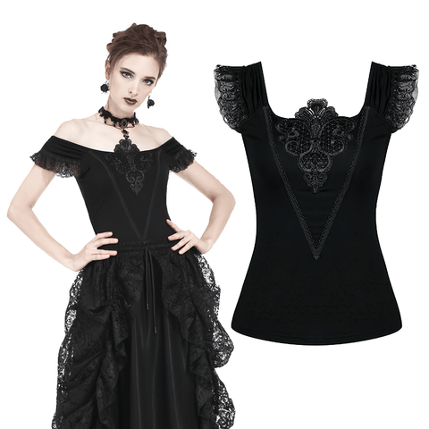 Gothic Black Lace Top with V-neck and Ruffles for Women.