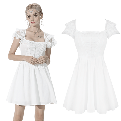 Gothic Lolita White Lace Cross-Chest Mini Dress.