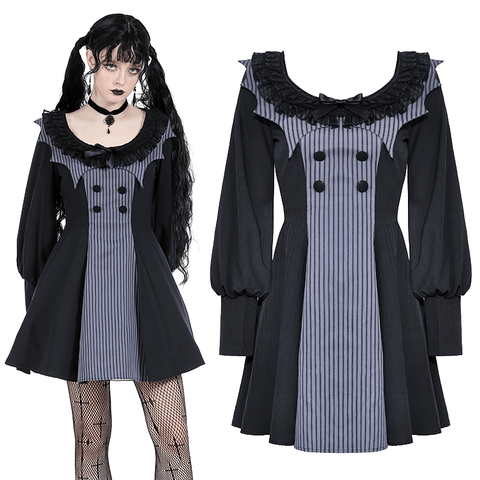 Gothic Pinstripe A-Line Dress with Puff Sleeves.