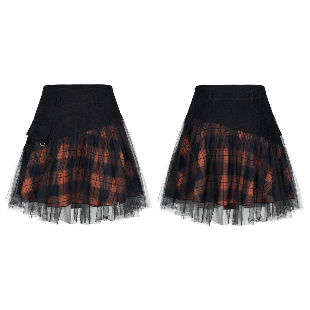High-Waisted Mesh and Plaid Mini Skirt with Chain Detail.