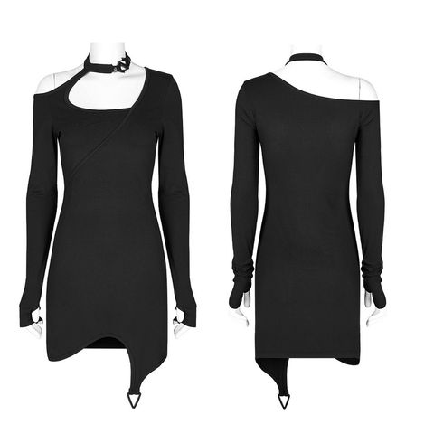 Black Asymmetric Cutout Evening Dress with Buckle.