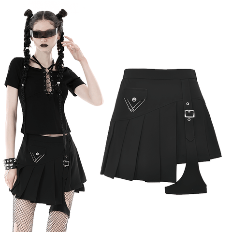 Gothic Mini Skirt with Buckle Detail and Edgy Safety Pins.