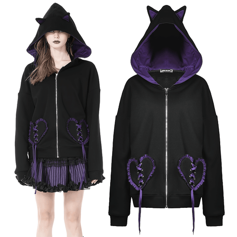 Gothic Punk Cat Ears Bat Wing Zip Up Hoodie.